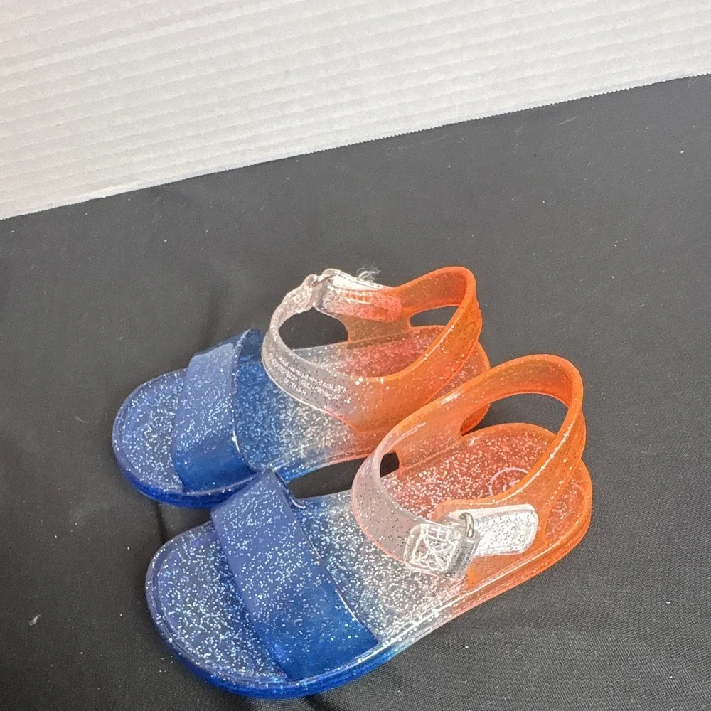 Girls Glitter Strappy Open Toe Sandals Buckle Plastic Blue/Orange/Clear 5